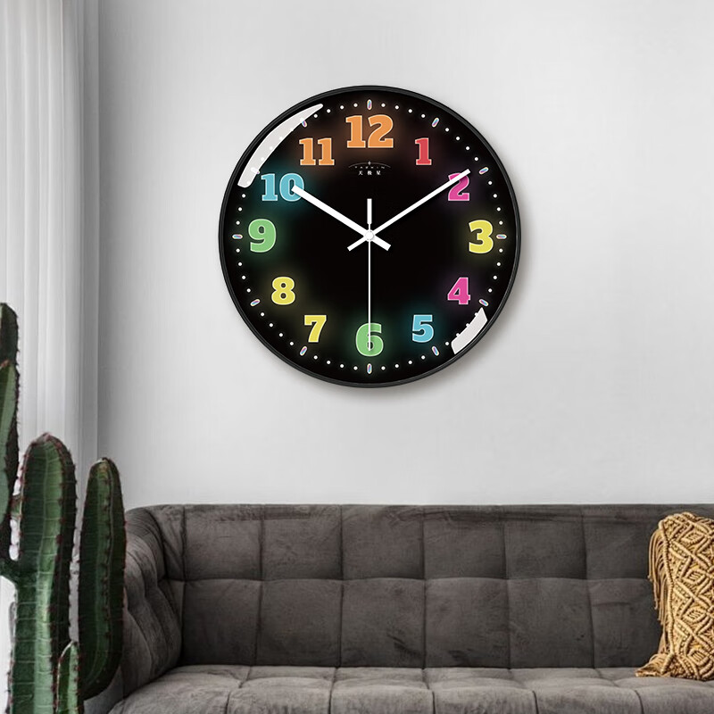 Tazxin儿童卡通霓虹数字挂钟静音创意时尚客厅家用卧室免打孔挂墙石英钟 七彩数字3 14英寸