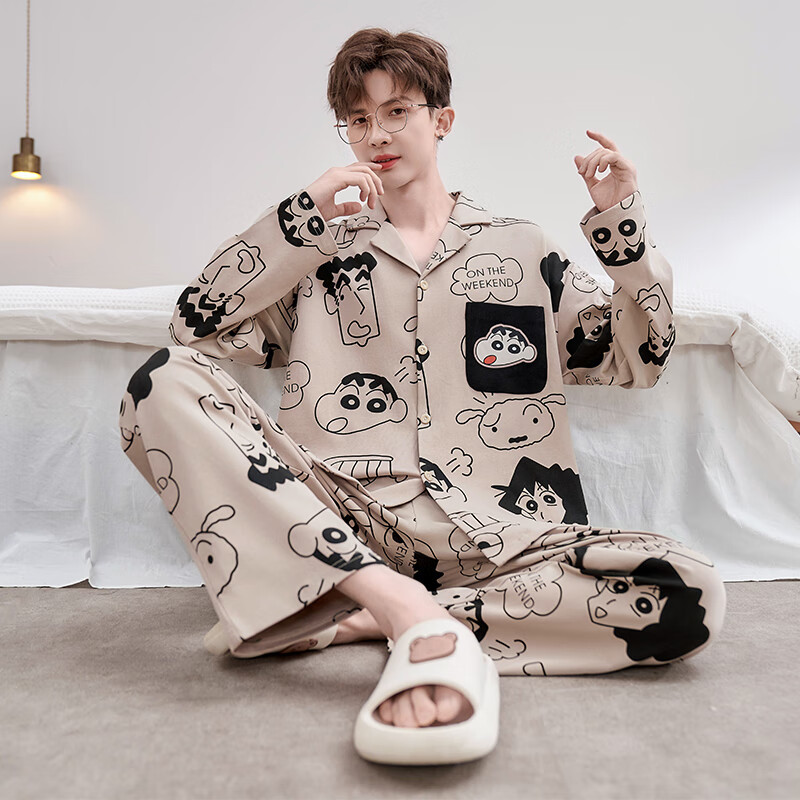 萧淑妃春秋季可外穿男士纯棉睡衣青少年学生卡通蜡笔小新开衫家居服套装 蜡笔小新 2XL