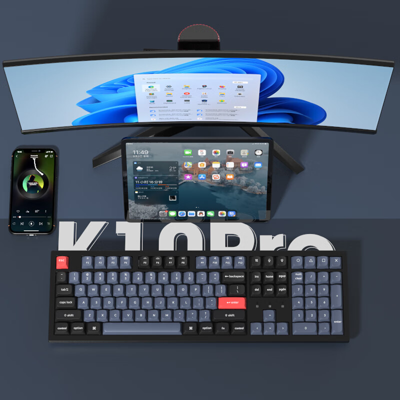 keychron 渴创 K10Pro 机械键盘  蓝牙键盘 客制化键盘 无线办公键盘 兼容Mac/Win系统 炭黑 K10Pro-不可插拔 白光版 红轴
