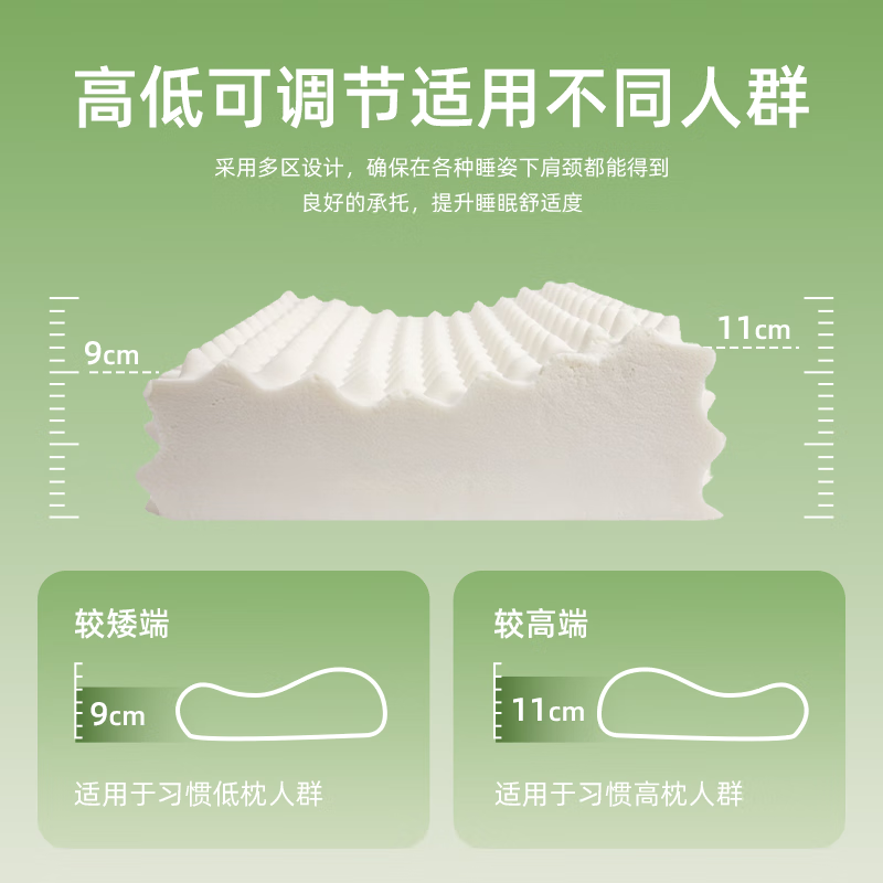 清幽雅竹 天然乳胶枕头枕芯 泰国进口橡胶成人枕硅胶颈椎舒适睡眠中高按摩 按摩乳胶枕+防螨枕套(简装) 单只 高枕 62*37*9/11cm