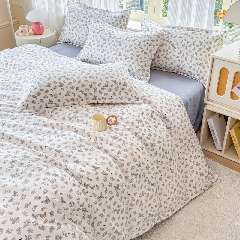 软贝 小清新四件套 透气亲肤 印花卡通简约田园套件被套床单床上用品 翩翩起舞 2.0m 床单款 四件套（被套200*230cm）