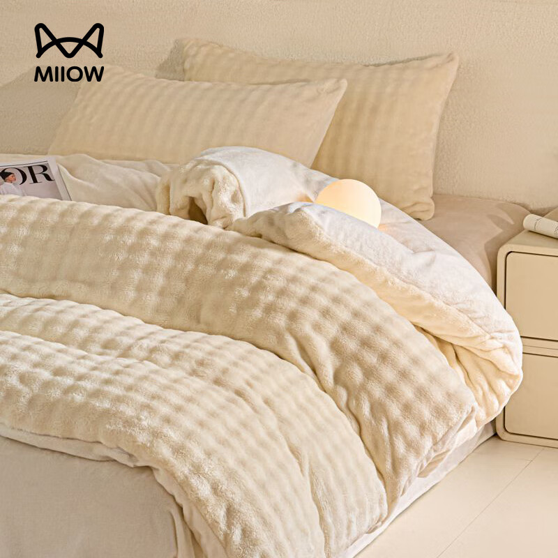 猫人（MiiOW）A类冬季仿兔绒牛奶绒床上四件套新款纯色加厚保暖床单床笠三件套 凯瑟琳-暖白 1.5m 床单款 四件套-200x230cm被套
