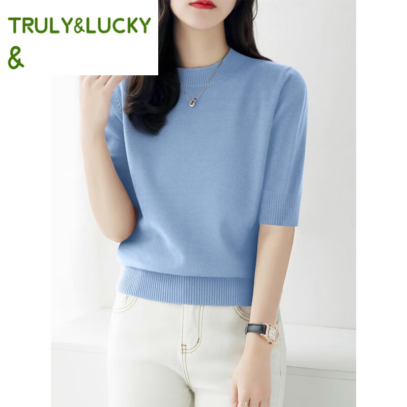 TRULY&amp;LUCKY时尚百搭半高圆领五分袖针织衫毛衣女装秋季新款宽松显瘦打底上衣 蓝色面料 XL 【建议120-130斤】
