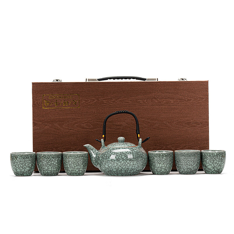 萬慶興大容量提梁壺哥窯冰裂釉窯變茶具套裝功夫茶具整套茶壺茶杯 哥窯提梁壺【藏青】 大師禮盒裝