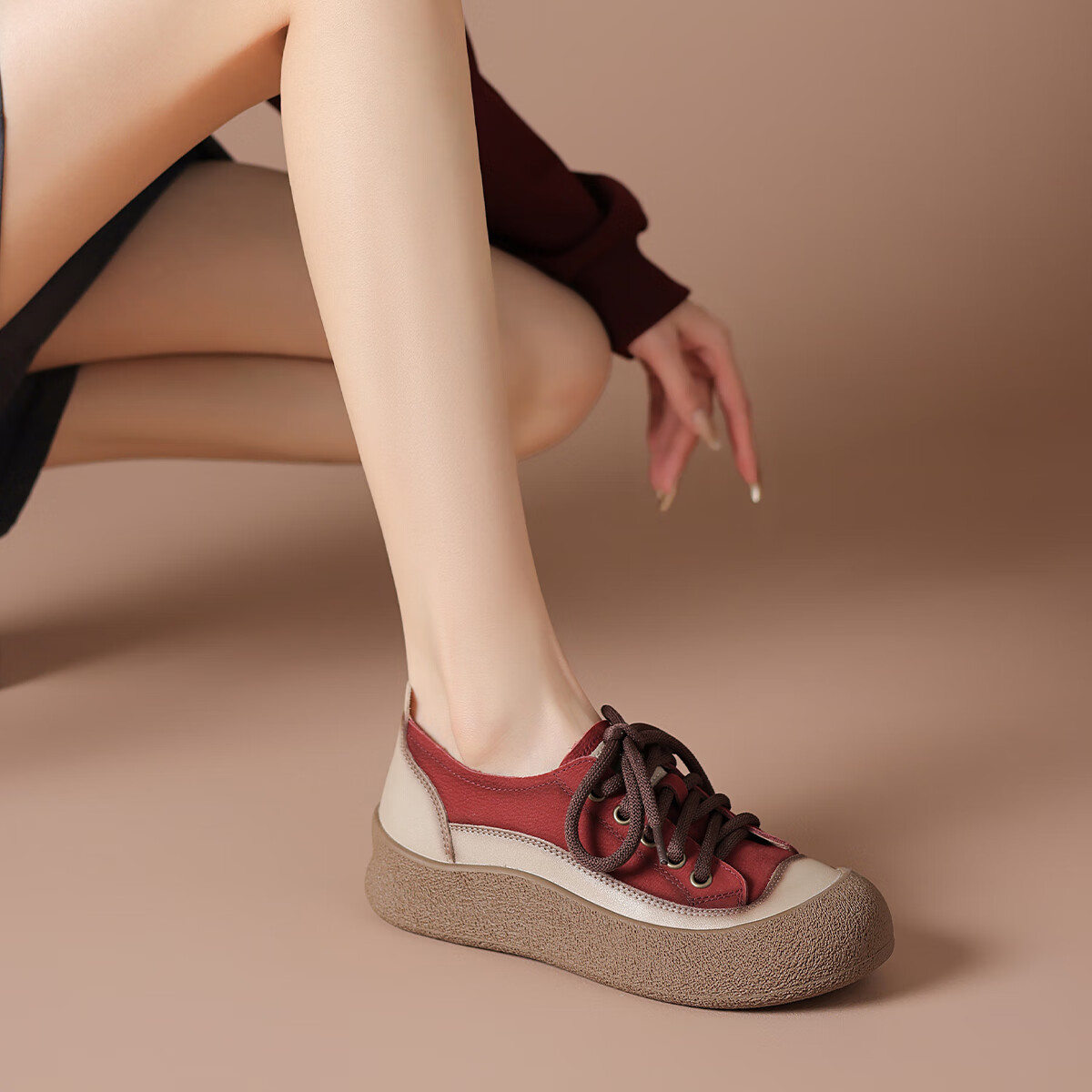 波尔谛奇（BOERDIQI）2025新款复古增高拼色舒适休闲运动板鞋百搭大头女鞋子 红色 39