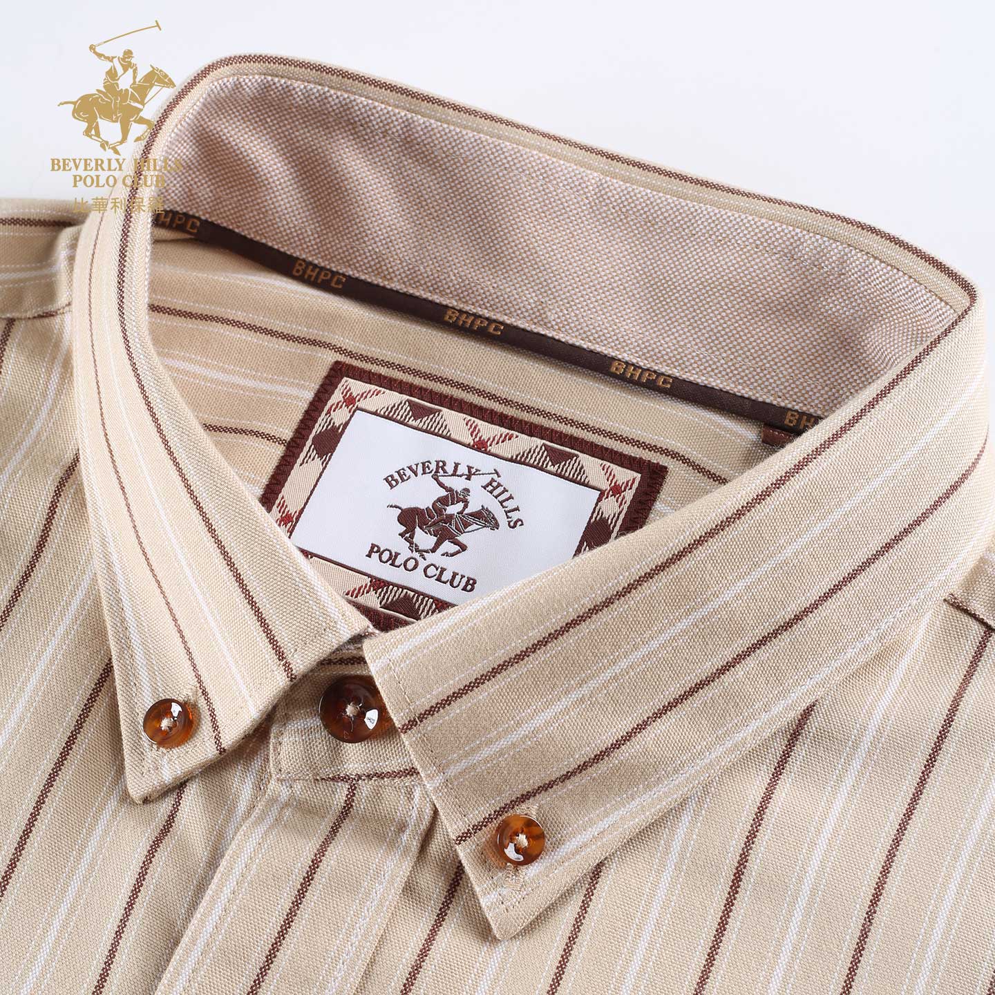 比华利保罗【暖姜纤维】秋冬新款休闲舒适条纹长袖衬衣浅卡其245121097 浅卡其 L