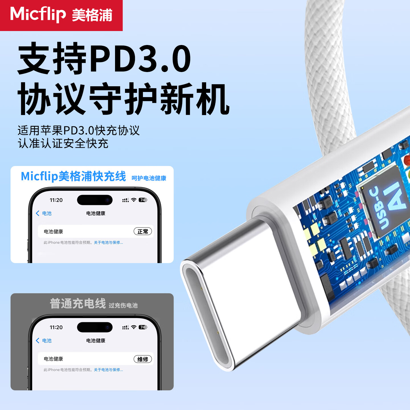 美格浦Micflip适用苹果MFi认证快充充电线lightnin苹果16数据线type-c通用iPhone15/17/14ProMax平板手机 【苹果15/16/17原编织线】2米-PD240W