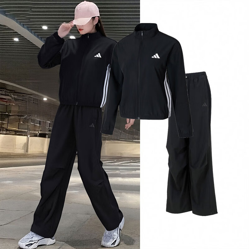 阿迪达斯（adidas）女装运动套装25冬款休闲梭织防风夹克外套收口长裤两件套 JD6539+KC0091 L/170