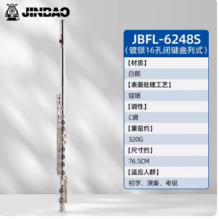 津宝长笛乐器小学生儿童1617孔c调白铜镀银初学演奏考级吹管乐器 JBFL-6248S（镀银16孔闭键曲列式
