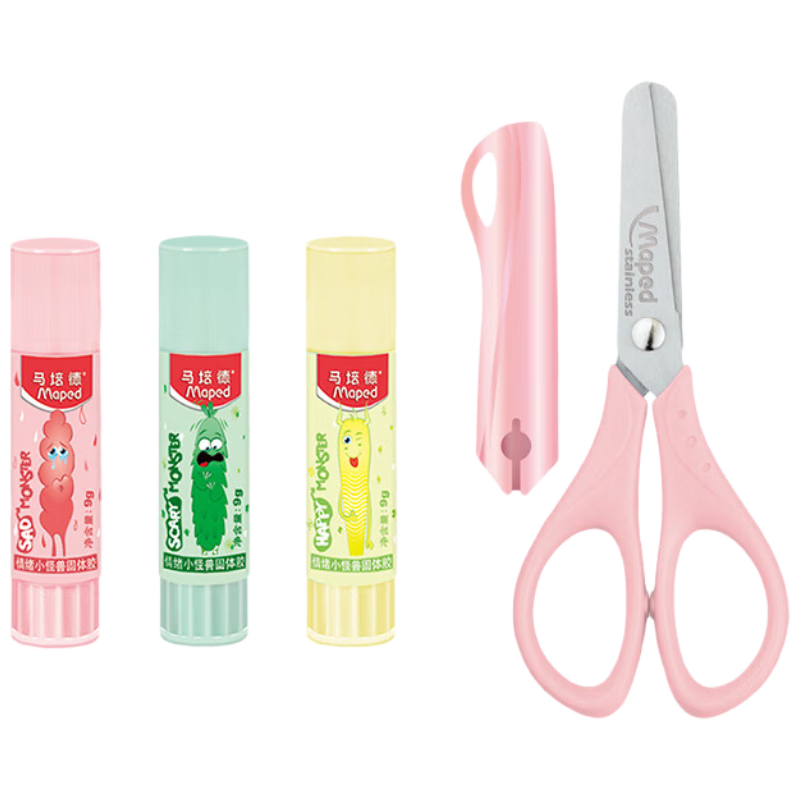 马培德Maped 儿童护套剪刀12cm粉色+9g固体胶 儿童手工幼儿园作品 便携安全宝宝小学生剪纸圆头