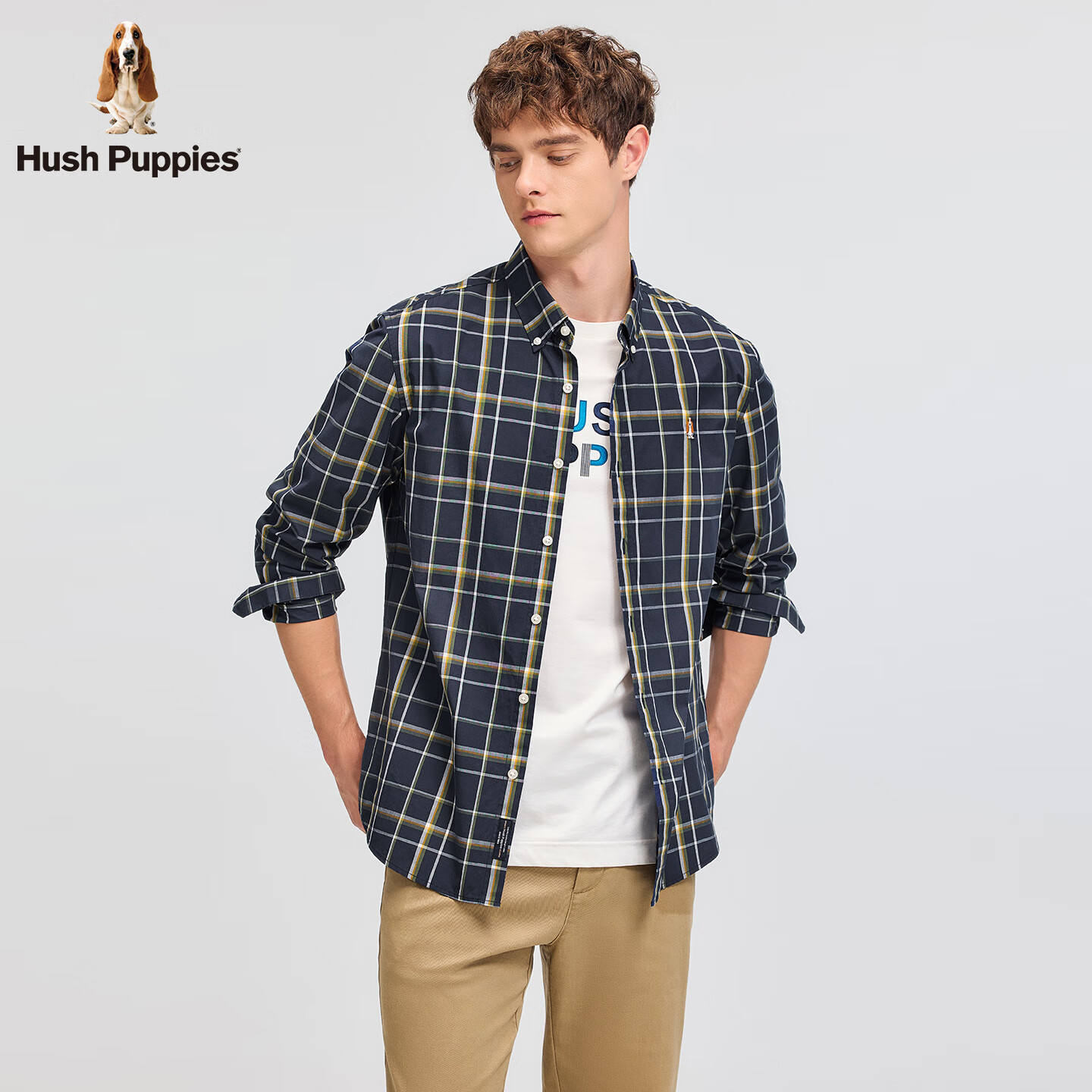 暇步士(Hush Puppies)【舒适全棉】男装2025秋季简约基础款格纹长袖衬衫 墨蓝色 XL