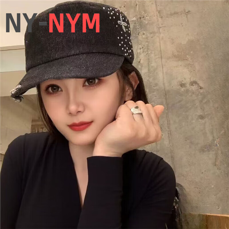ny-nym水钻平顶棒球帽女辣妹复古水洗牛仔鸭舌帽小众大头围显脸小帽子