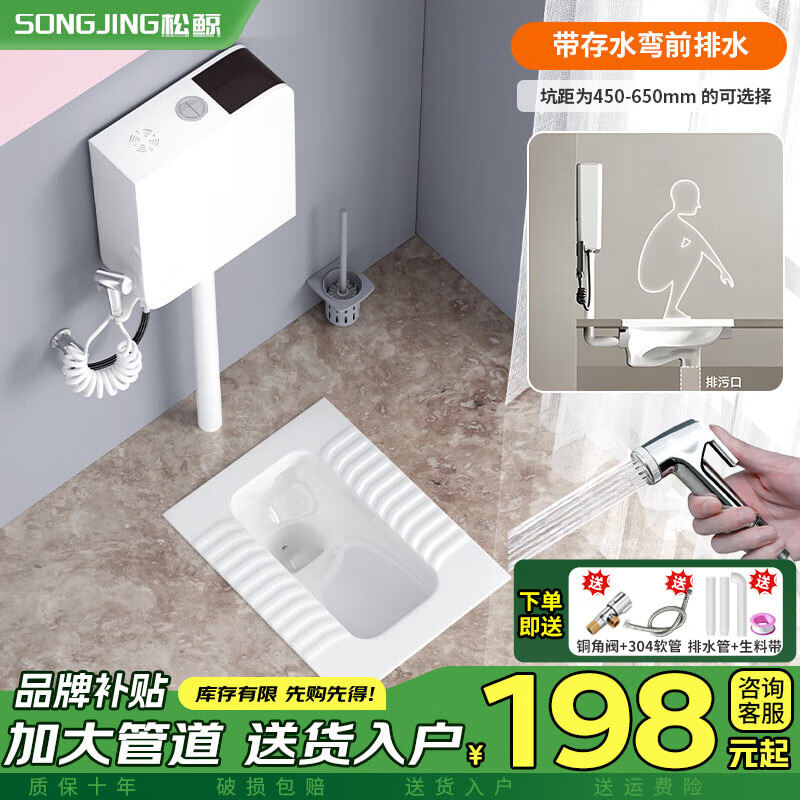 松鲸 陶瓷蹲便器套装带水箱套装厕所蹲坑便池防臭带存水弯卫生间家用 带弯【前排水】+豪华款水箱+喷枪