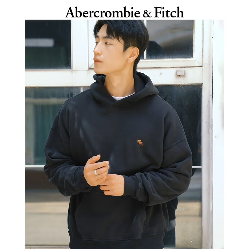 Abercrombie &amp; Fitch小麋鹿图案男装25秋冬美式复古保暖抓绒套头连帽卫衣122-5536 黑色 M (180/100A)
