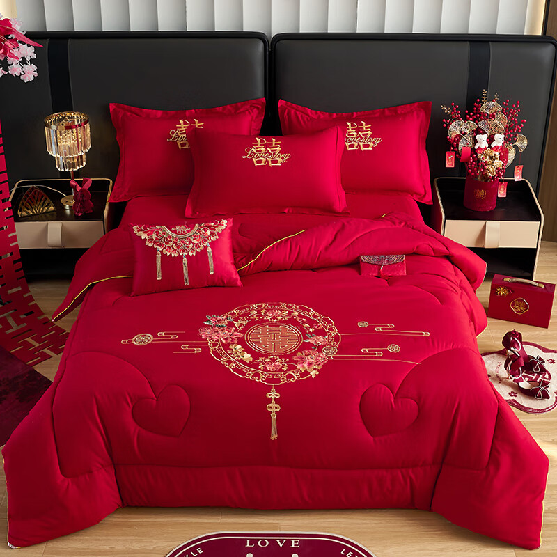 恒源祥 被芯 婚庆亲肤棉刺绣纤维被子结婚陪嫁喜庆春秋冬加厚保暖被芯   婚庆亲肤棉纤维被-花开富贵 220*240cm春秋被【总重5.8斤】