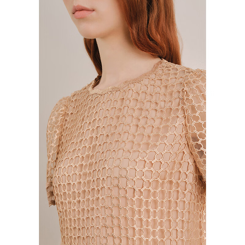 OBBLIGATO奥丽嘉朵夏季水绒花镂空刺绣圆领上衣 咖啡金 M