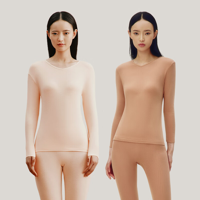 三枪[2件]保暖内衣女100%纯棉V领柔软透罗纹高弹秋衣秋裤秋冬季抗静电 【V领上衣】妃+棠梨橙 L