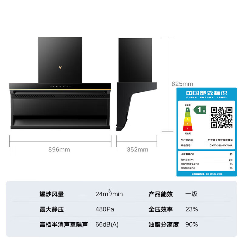 云米(VIOMI)油烟机家用顶侧双吸24立方风量大吸力一级能效挥手智控高温自清洁大黑翼排烟机CXW-330-VK716A 单烟机+5.2液化气灶具