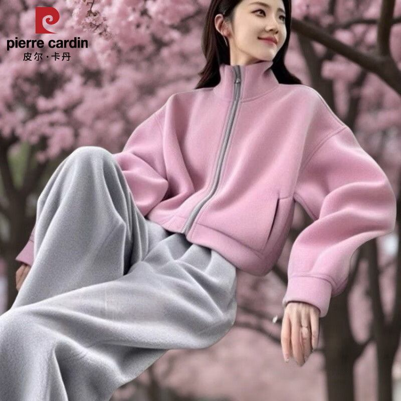 皮尔卡丹（pierre cardin）2025春秋季新款女士粉色外套灰色阔腿裤小个子宽松休闲风穿搭套装 卫衣+裤子两件套 M 【100-110斤左右】