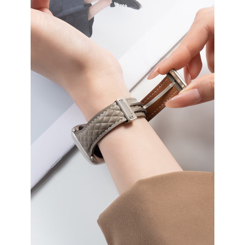 格汇【真皮菱格纹表带】适用苹果手表iwatchs11表带s10/9/8小蛮腰腕带Ultra/se磁吸时尚女款品牌原装 星光色 适用iwatch10/11【42MM表盘】