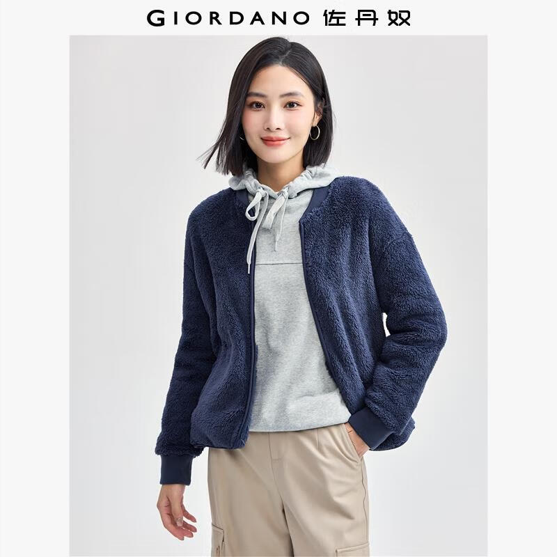 佐丹奴珊瑚绒外套女秋冬软糯抓绒衣甜酷风棒球领夹克女13374812 蓝灰色 深夜蓝 S