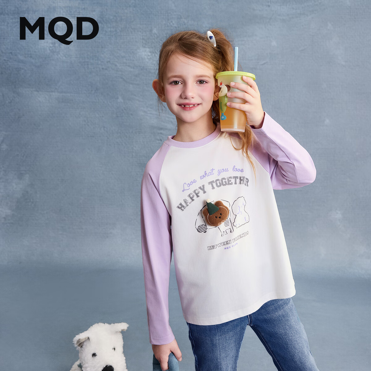 马骑顿（MQD）男童25秋季新款女童街潮宽松撞色插肩袖卡通长袖T恤亲肤打底 本白 120