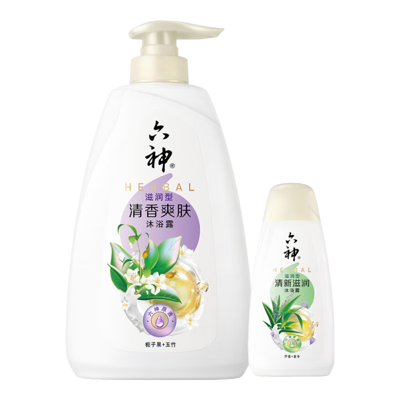 六神清香爽肤沐浴露 深层清洁浴后留香保湿沐浴液男女洗澡家庭套装 清香爽肤750g+180g
