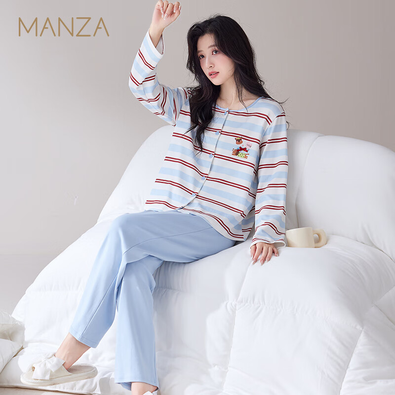 玛伦萨睡衣女纯棉长袖条纹卡通套头圆领可外穿家居服套装 水蓝 M