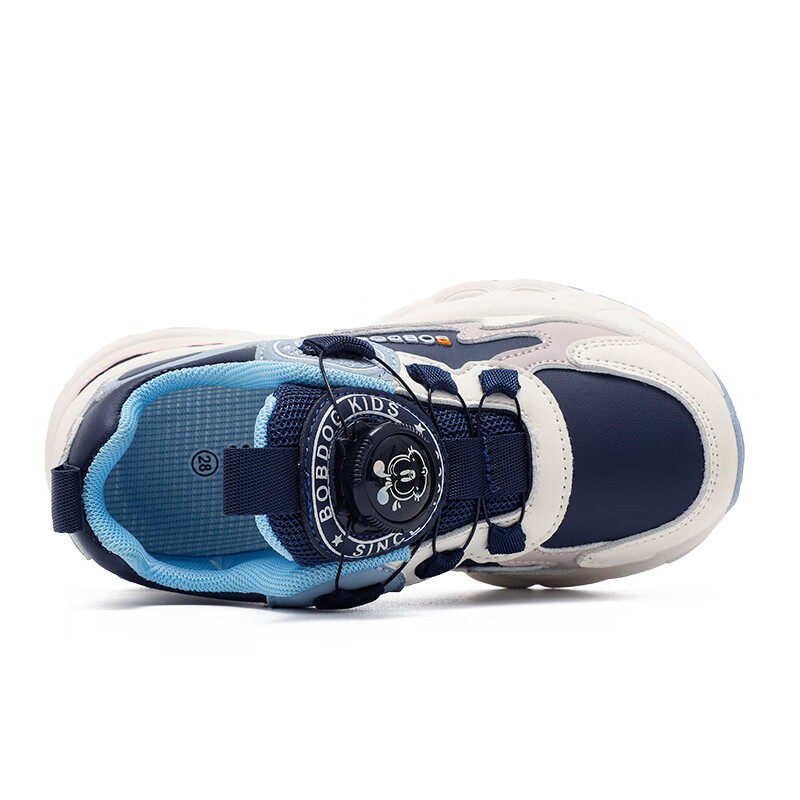 巴布豆童鞋男童秋季透气老爹鞋新款百搭休闲跑鞋旋转扣儿童运动鞋 藏青蓝/米53111(革面) 34 适合脚长21.0cm