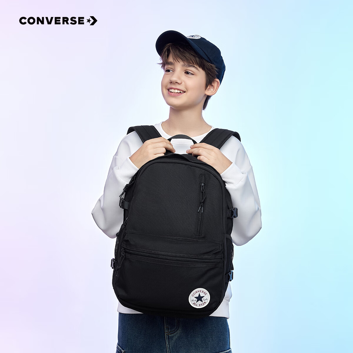 Converse匡威儿童书包款初高中生双肩包男女通用背包学生包包 正黑色 M【30*13.5*43cm 约17L】