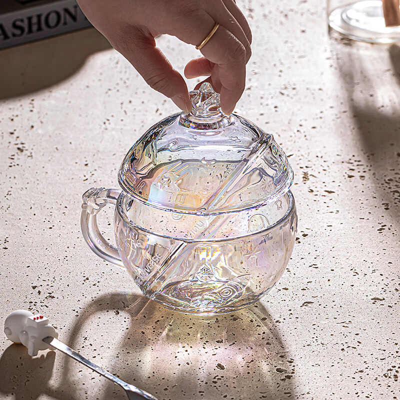 乐唯诗（LOVWISH）星空球杯玻璃杯带盖勺高颜值女生咖啡早餐喝水杯家用设计感燕麦杯 星球杯极光彩【含盖送勺】320ml*1