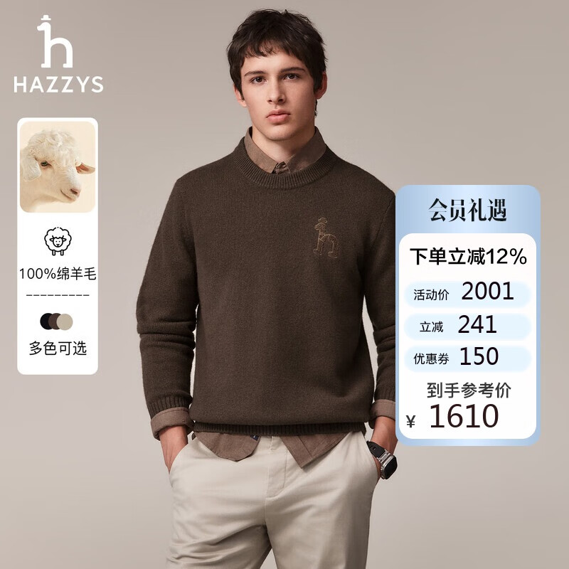 哈吉斯（HAZZYS）男裝 秋冬款厚實(shí)保暖男毛衣圓領(lǐng)套頭粗針織羊毛衫男ABYZD0CDX24