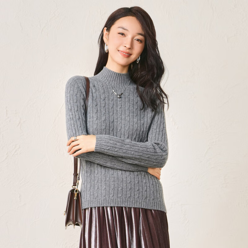 春竹品牌正品100%绵羊毛26春季绞花半高领毛衣时尚保暖针织衫女羊毛衫 中灰 L