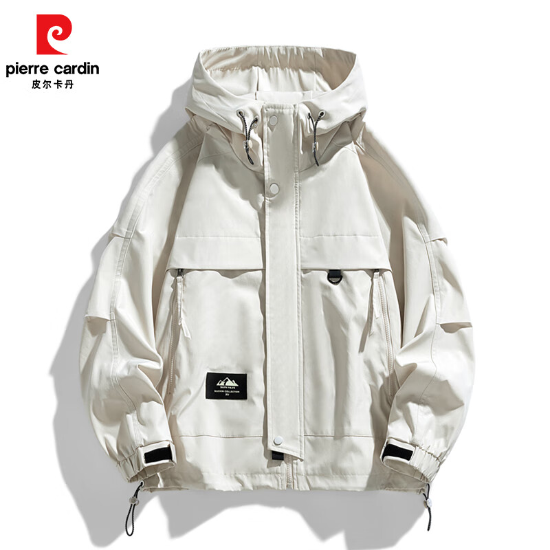 皮尔卡丹新款情侣款春秋宽松版冲锋衣青年潮流韩版时尚连帽大码夹克情侣款 浅卡其 XL 建议【体重155-170斤】