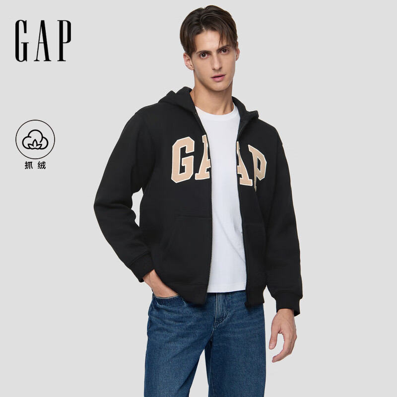 GAP男女装秋款LOGO抓绒宽松连帽拉链卫衣休闲上衣786376 黑色 XL (180/100A)亚洲尺码【偏大,建议拍小一码】