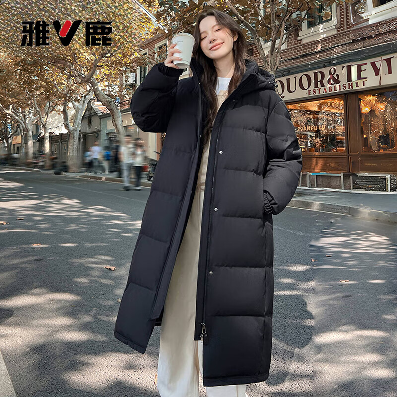 雅鹿纯色长款羽绒服女冬季2026新款长款过膝加厚防寒保暖中性黑色外套 黑色 M (160) 【建议110-125斤】