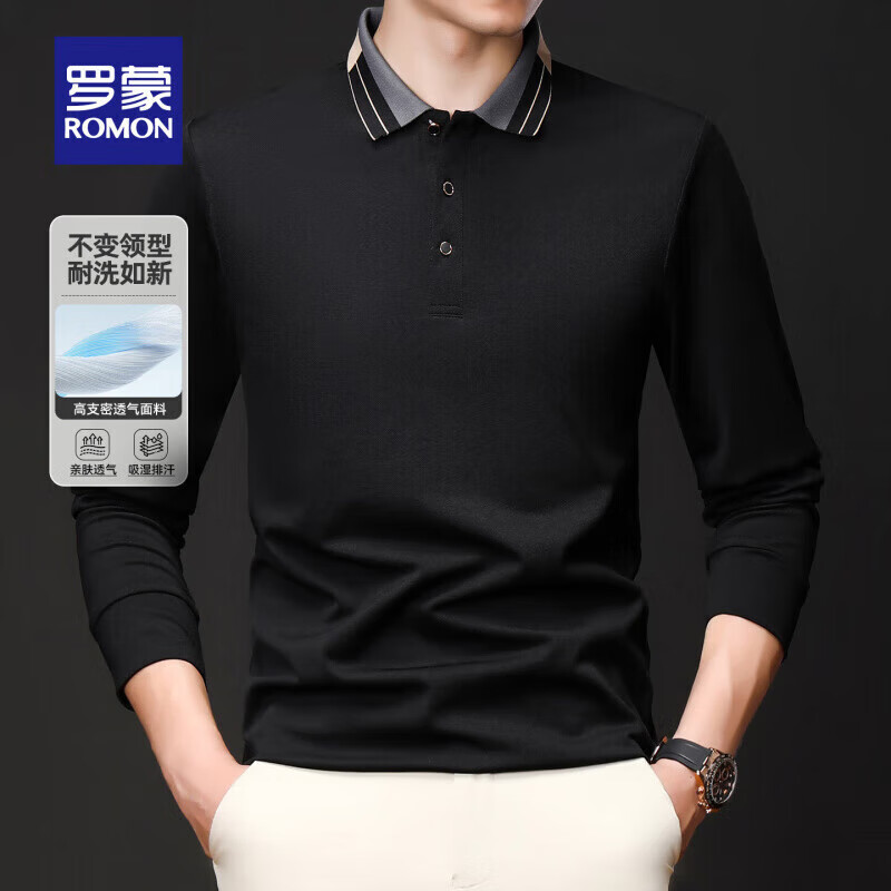 罗蒙(ROMON)经典商务休闲长袖POLO衫男2025秋季新款时尚撞色百搭打底T恤衫男 黑色 3XL (190) 【建议165-180斤】 京东折扣/优惠券