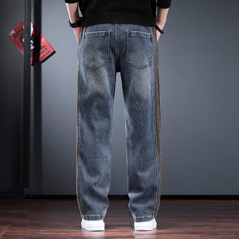 新百伦重磅牛仔裤男春秋款潮牌阔腿宽松休闲裤子男直筒高街穿搭男裤 怀旧蓝 常规 L 码【建议130-145斤】