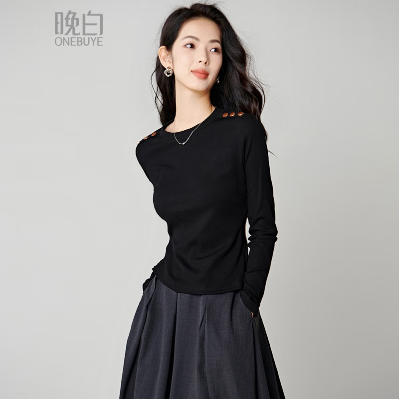 晚白【断码清仓】2026春款纯色百搭上衣圆领舒适休闲气质打底衫女 黑色 S
