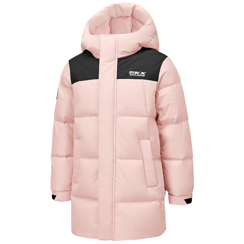 Skechers斯凯奇儿童中长款羽绒外套冬季男女童梭织保暖连帽羽绒服L425K072 害羞粉/005N 160 充绒量170g