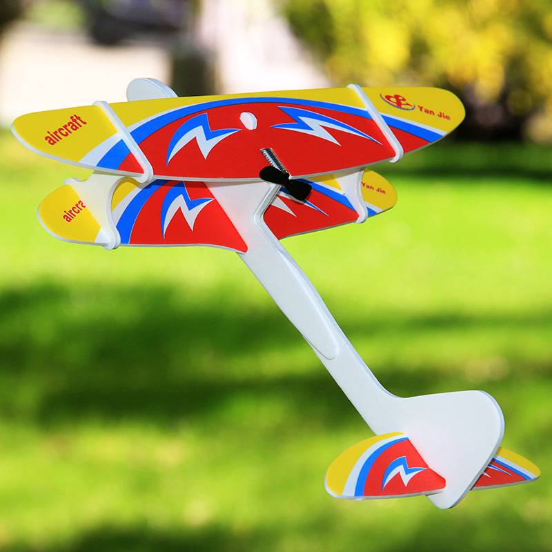 玩具泡沫慢飞双翼机耐摔手抛滑翔机航模电动自由飞机模型 红色 闪电
