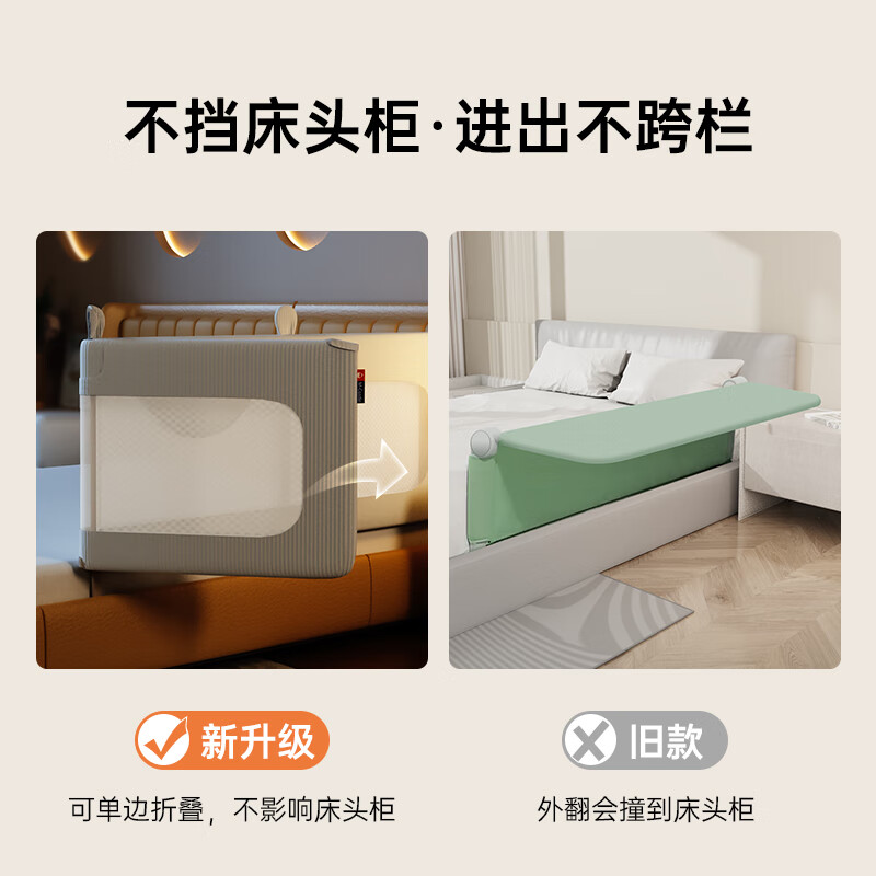 M-CASTLE床围栏免安装婴儿防摔床挡板宝宝便携床上护栏儿童床边围挡可升降 奶酪白折叠款 免钉免安装 2.0米/单面装