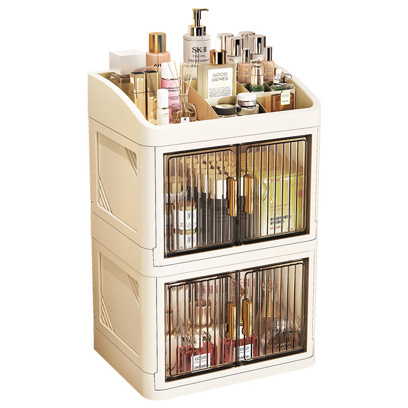 铂呐苓桌面化妆品储物箱抽屉收纳盒收纳箱办公桌折叠盒宿舍办公室桌整理 双开门收纳盒【平顶白色3层】 24*18*52cm