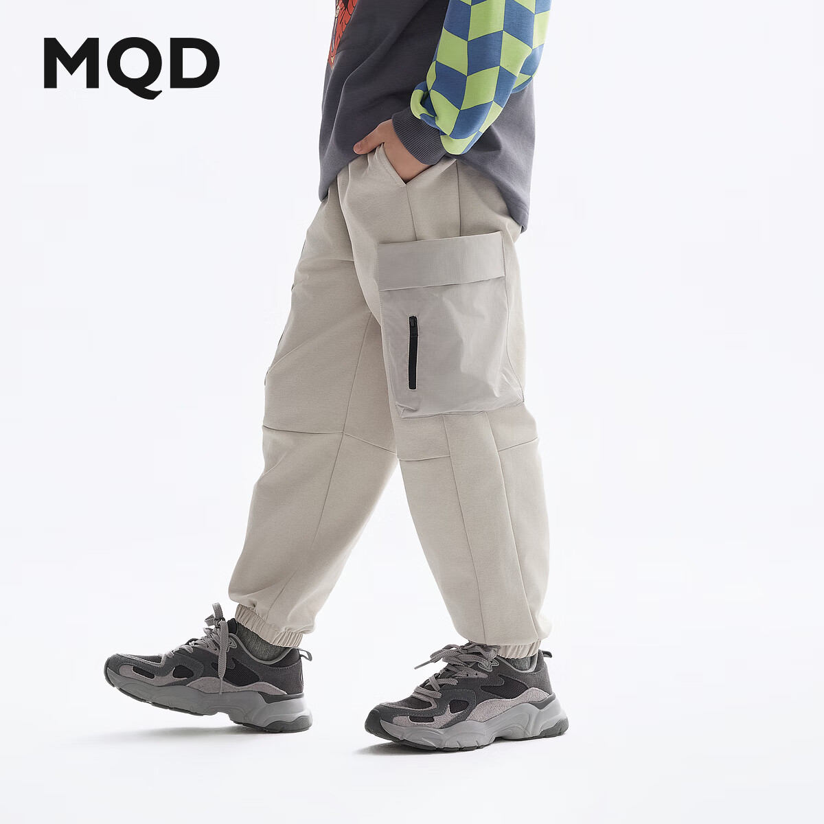 马骑顿(MQD)童装男童裤子2025春秋新款儿童针织裤工装大口袋运动风长裤 星际灰 130