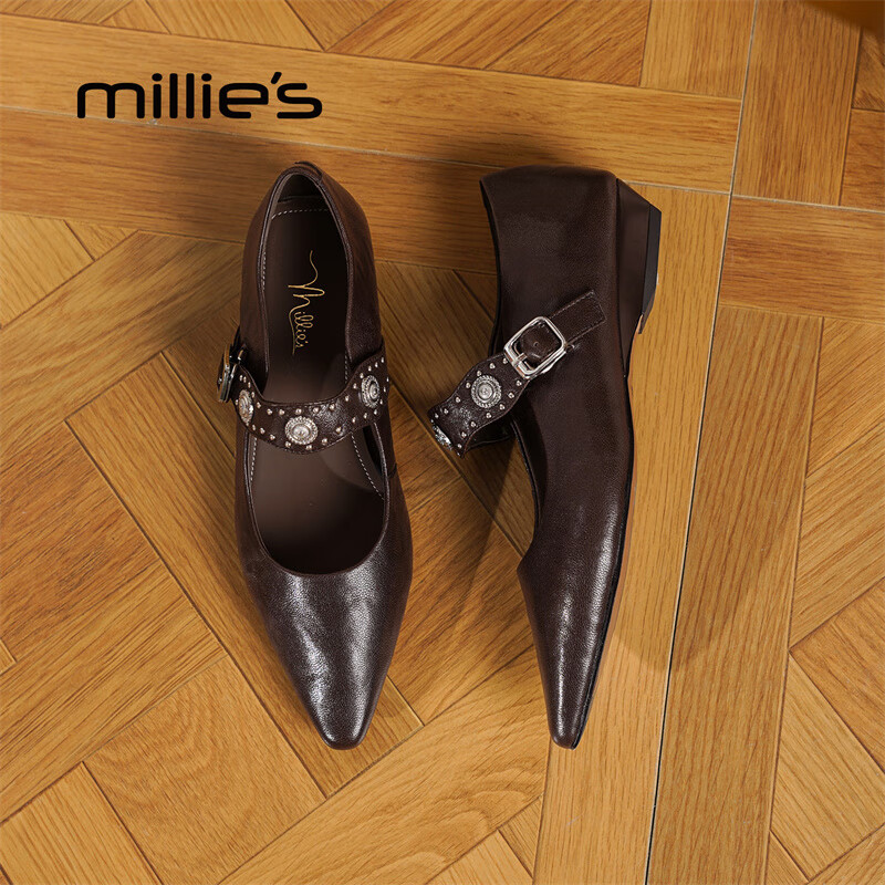 妙丽玛丽珍鞋女低跟真皮浅口时尚潮流气质2025冬季新款百搭小皮鞋 棕色 36 (230mm) 标准码