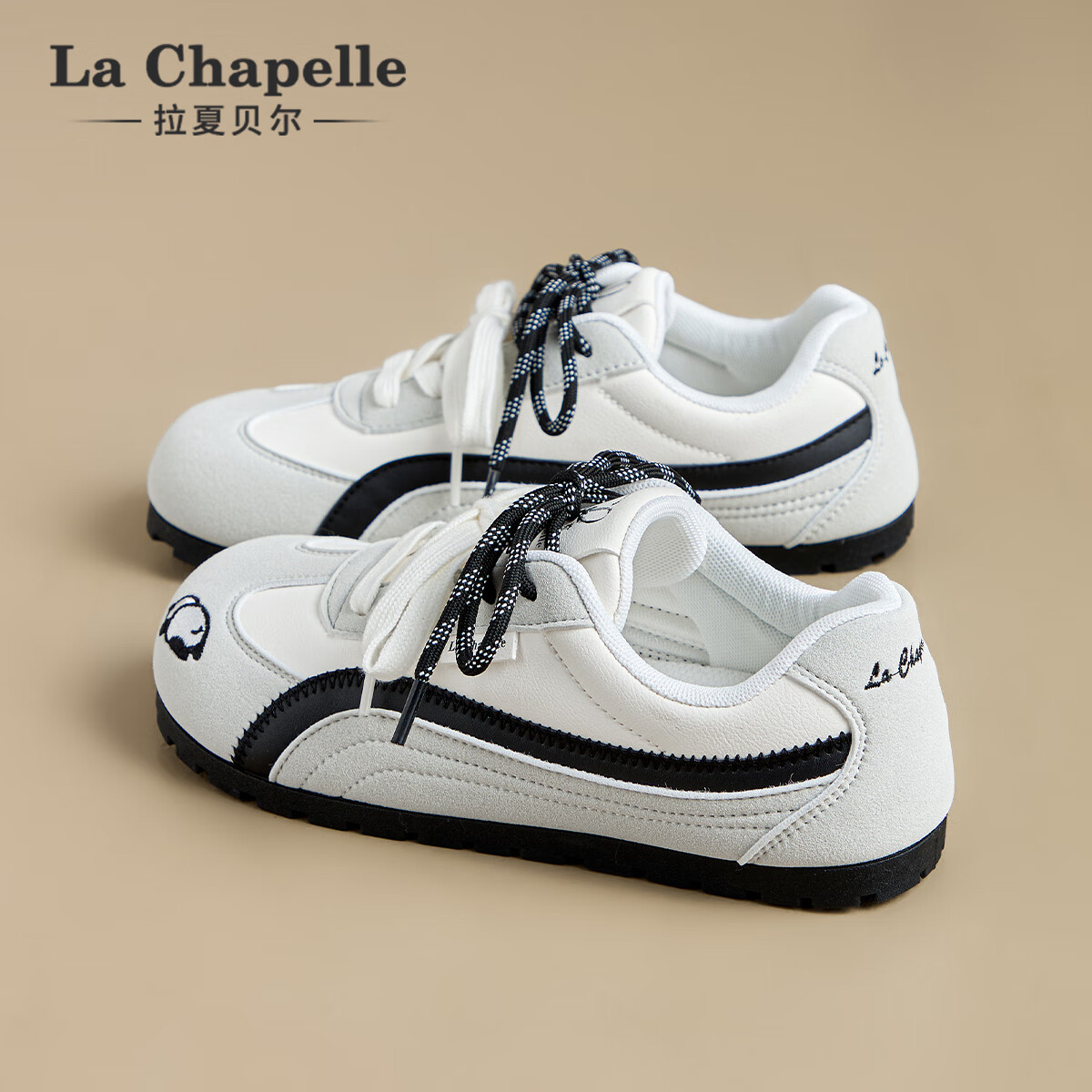 La Chapelle女鞋板鞋秋季新款德训鞋百搭舒适轻盈日常通勤小白鞋 米灰色 35