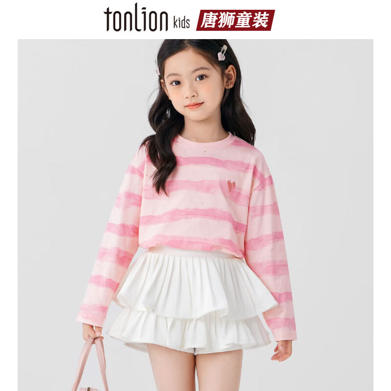 唐狮童装女童条纹上衣扎染长袖春秋款韩版修身撞色条纹爱心T恤 洒金彩虹糖 均码 110码*建议身高100-110cm