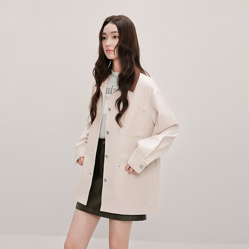 乐町可拆卸翻领夹克秋季新款美式巴恩风工装外套 佳丽粉（现货） L