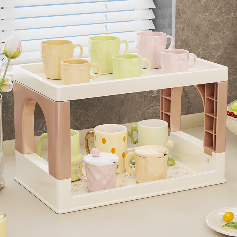 木格格杯架置物架水杯架架子茶杯架子茶具收纳架厨房多功能置物架储物架 奶咖色两层