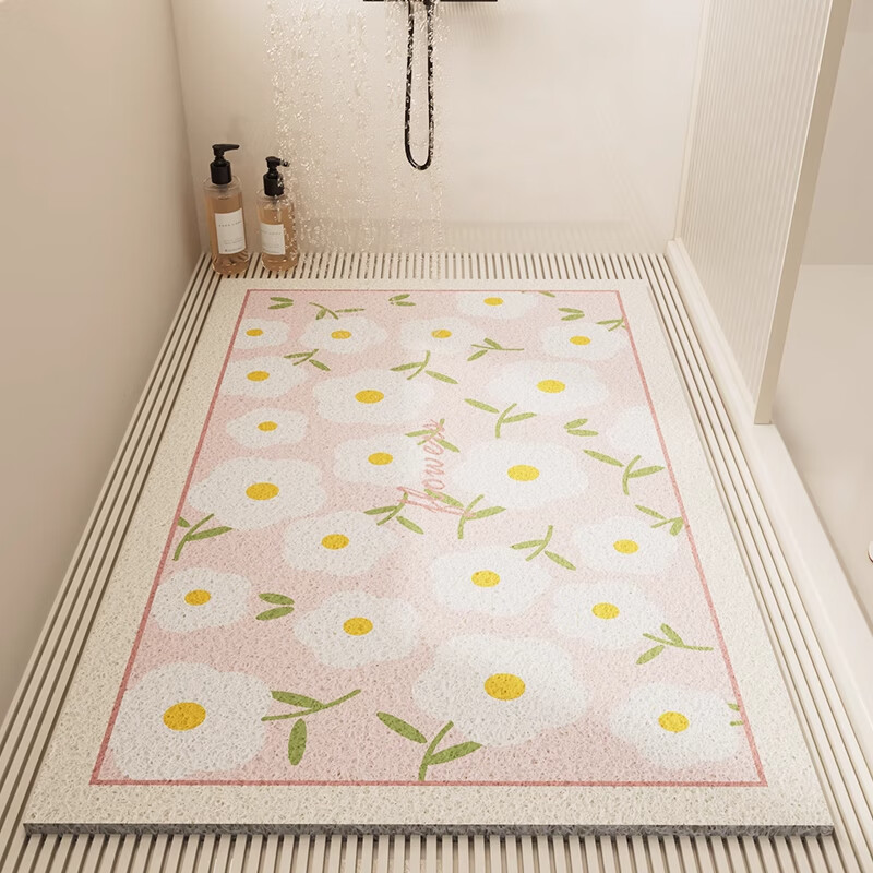 宝格鸟浴室地垫镂空丝圈疏水防滑脚垫淋浴房卫生间环保防摔满铺可裁剪 蛋黄小花 60*120CM
